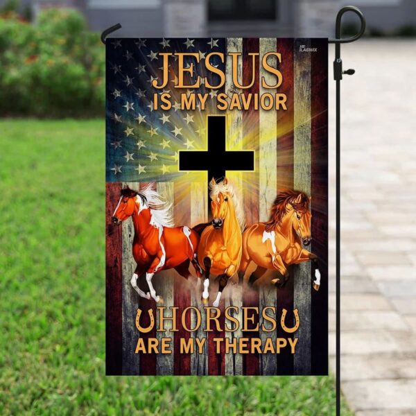 Christian Garden Flags: Jesus Is My Savior Horses Are My Therapy – Scripture Banner