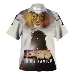 Men s Christian Hawaiian Shirt - Jesus Is My Savior and King Lion Design Perfect Gift for Christian