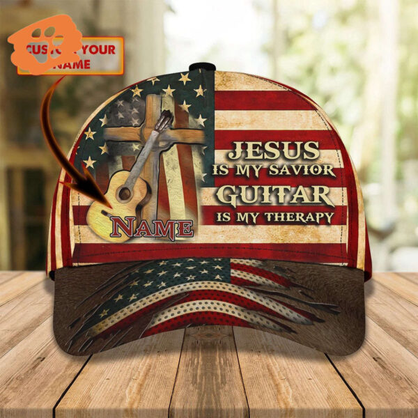 Jesus Is My Savivor Guitar Is My Therapy Personalized Name Cap For Guitar Man, Jesus Guitar Cap Hat Trucker Classic Hats Gift
