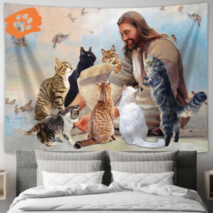 Jesus Christ Surrounded by Cats Tapestry - Christian Wall Art Print