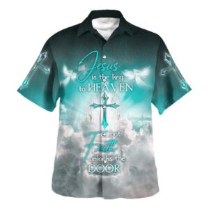 Men s Christian Hawaiian Shirt: Jesus Key to Heaven Faith Unlocks Door - Perfect Christian Gift