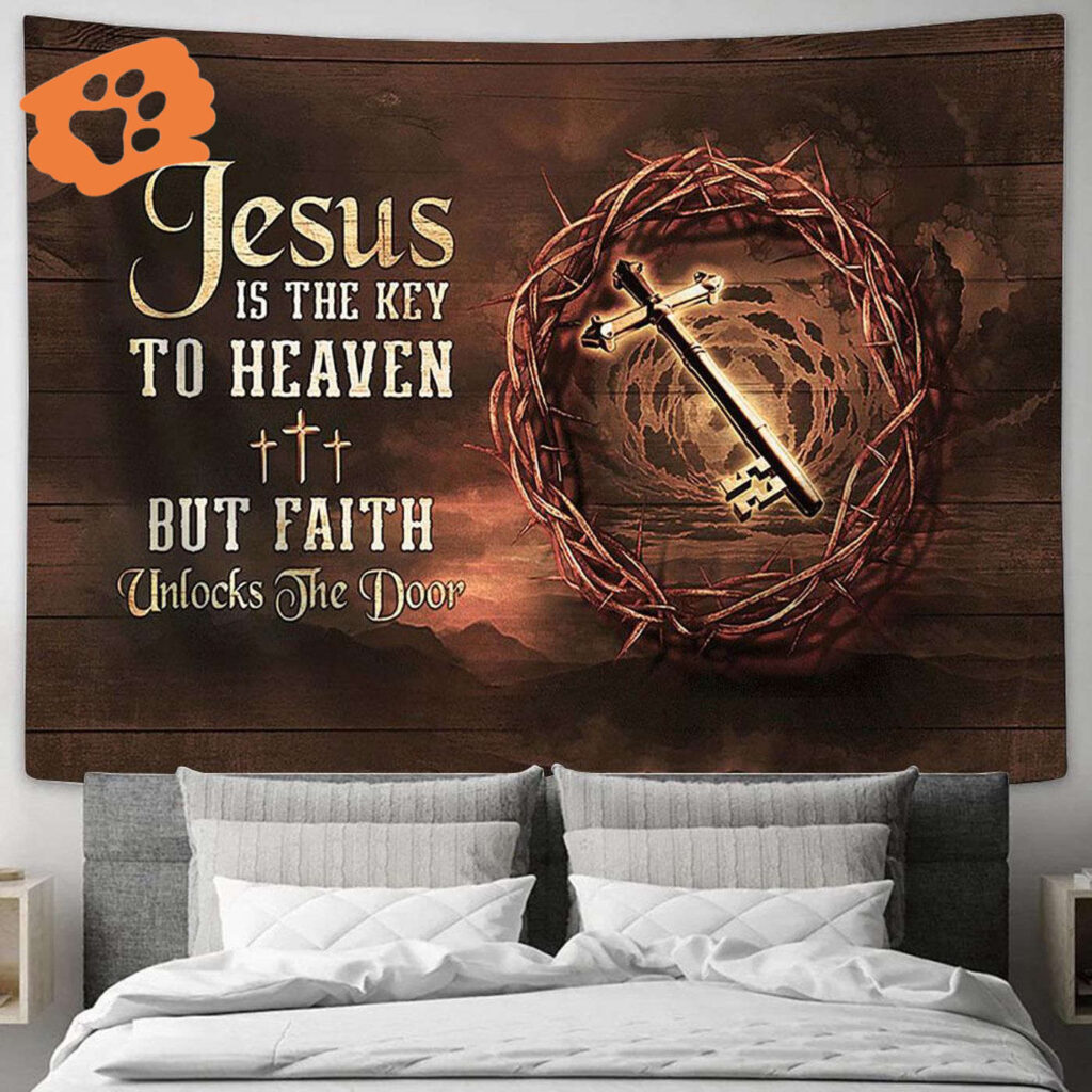 Jesus Key to Heaven Tapestry Art – Christian Wall Decor with Thorn Crown and Crosses Jesus Key to Heaven Tapestry Art – Christian Wall Decor with Thorn Crown and Crosses