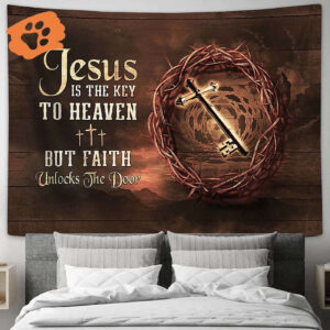 Jesus Key to Heaven Tapestry Art - Christian Wall Decor with Thorn Crown and Crosses
