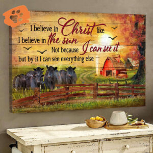 Religious Christian Home Decor Gift: Jesus Landscape & Aberdeen Angus Sunset Farm Poster with Belief in Jesus and Sun