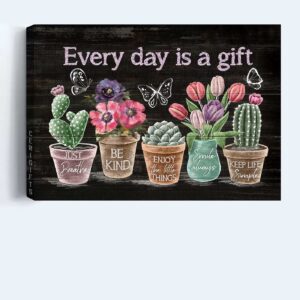 Jesus Landscape Poster Home Decor Gift - Abstract Flower Painting with Rustic Cactus Tulip Flower Butterfly - Gift for Religious Christians - Every Day Is A Gift 1