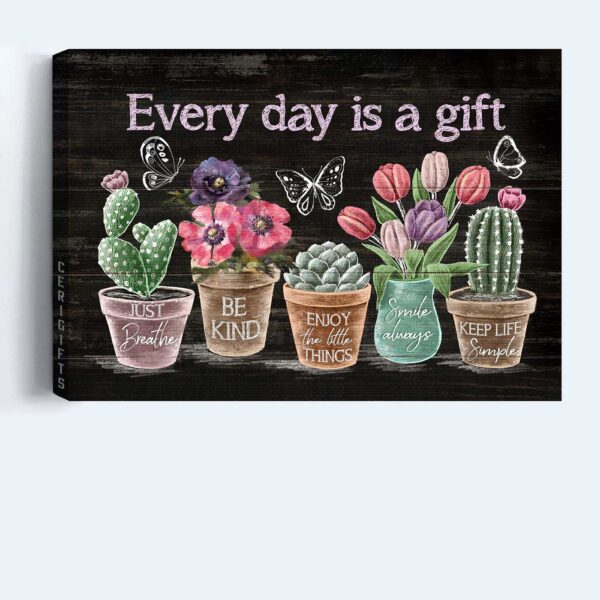 Jesus Landscape Poster Home Decor Gift – Abstract Flower Painting with Rustic Cactus Tulip Flower Butterfly – Gift for Religious Christians – Every Day Is A Gift