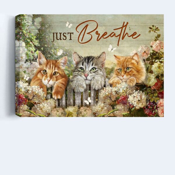 Jesus Landscape Poster Home Decor Gift – Adorable Cat Flower Garden White Butterfly – Religious Christian Gift – Just Breathe