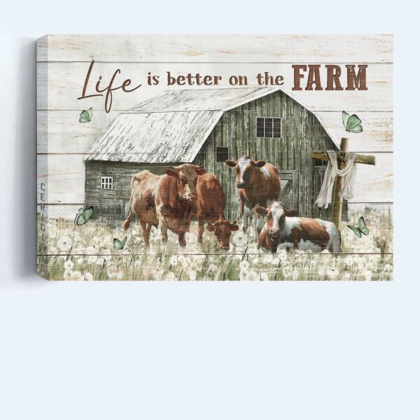 Jesus Landscape Poster Home Decor Gift – Cow Drawing Dandelion Field Old Barn – Gift For Christian – Life On The Farm