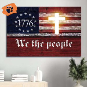 Jesus Cross & US Flag Landscape Poster Home Decor Gift for Christian Patriotic Decor 1776
