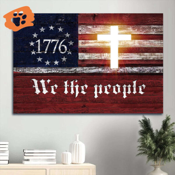 Jesus Cross & US Flag Landscape Poster Home Decor Gift for Christian Patriotic Decor 1776