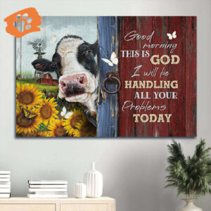 Jesus Landscape Poster Home Decor Gift - Dairy Cow Sunflower Garden White Butterfly - Gift For Christian - Good Morning This Is God