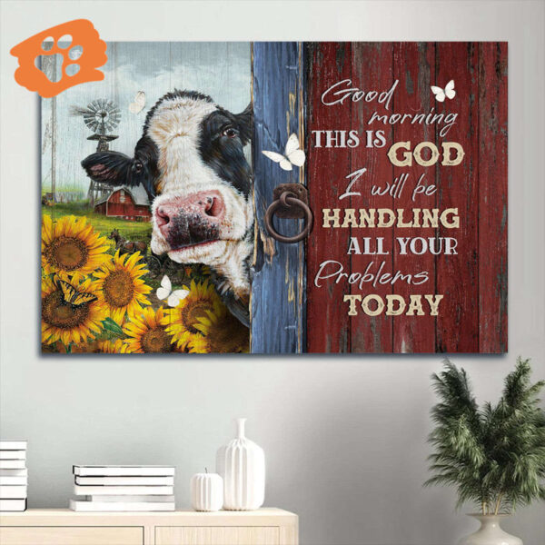 Jesus Landscape Poster Home Decor Gift – Dairy Cow Sunflower Garden White Butterfly – Gift For Christian – Good Morning This Is God