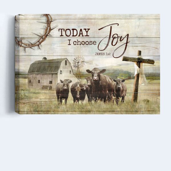 Religious Christian Home Decor Gift: Jesus Landscape Poster with Angus Cow Tranquil Farm Old Barn Painting Wooden Cross – Today I Choose Joy