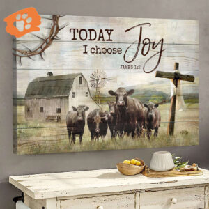 Religious Christian Home Decor Gift: Jesus Landscape Poster with Angus Cow Tranquil Farm Old Barn Painting Wooden Cross - Today I Choose Joy