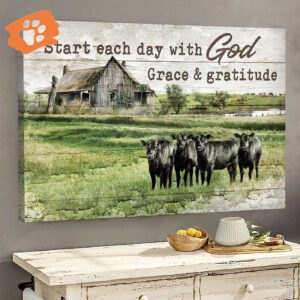 Jesus Landscape Poster: Angus Cows Grassland Old Barn Painting - Religious Christian Home Decor Gift