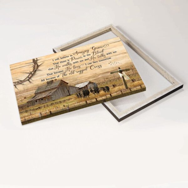 Jesus Landscape Poster: Tranquil Farm with Angus Cows & Wooden Cross – Religious Christian Gift