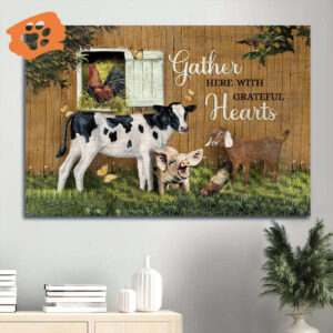 Jesus Landscape Poster Home Decor Gift - Animal Painting Dairy Cow Butterfly Christian Gift - Gather with Grateful Hearts