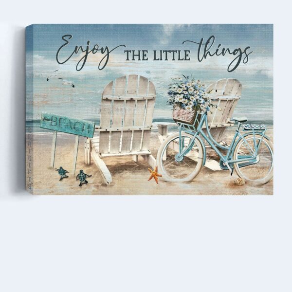 Jesus Landscape Poster Home Decor Gift – Antique Chair Blue Bicycle Ocean Landscape – Christian Gift: Enjoy the Little Things