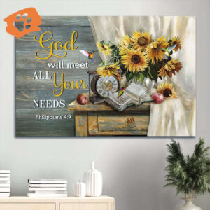 Christian Home Decor Gift: Jesus Landscape Poster with Antique Clock Sunflower Vase and Old Bible - God Will Meet Your Needs