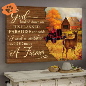 Autumn Farm Deer Red Tractor Jesus Landscape Poster - Christian Home Decor Gift