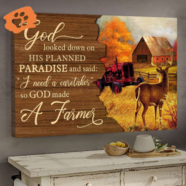 Autumn Farm Deer Red Tractor Jesus Landscape Poster – Christian Home Decor Gift