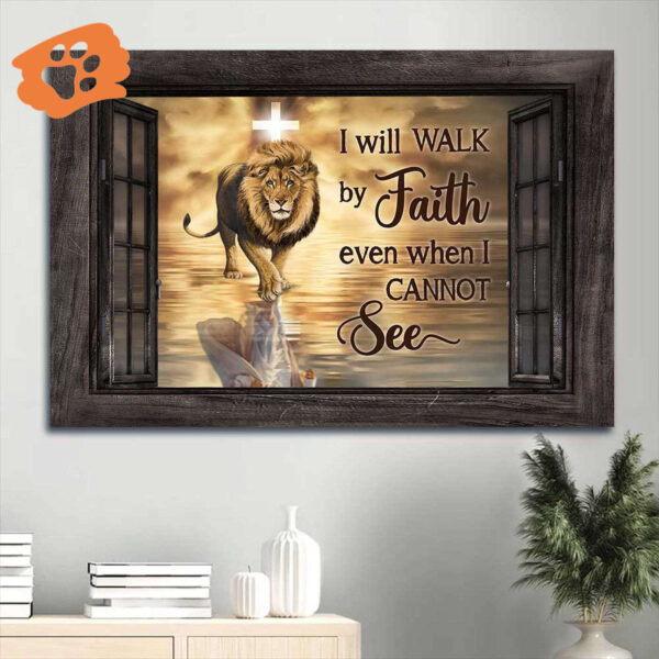 Jesus Landscape Poster Home Decor Gift – Lion Cross Walking on Water – Gift for Christian – Walk by Faith