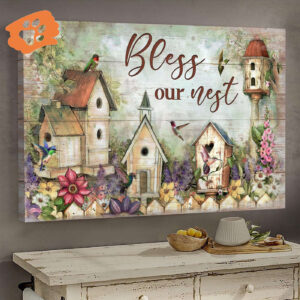 Bless Our Nest Landscape Poster: Bird Nest & Flower Garden Home Decor Gift for Christian - Wall Art Print