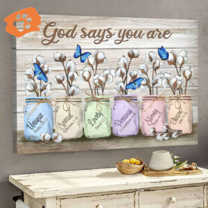 Christian Home Decor Gift: Jesus Landscape Poster with Blue Butterfly and Cotton Flower Jar  Poster Home Decor Gift - God Says You Are - Wall Art Prints