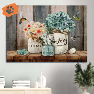 Christian Home Decor Gift - Jesus Landscape Poster with Blue Hydrangea & Hummingbird - Choose Joy Today