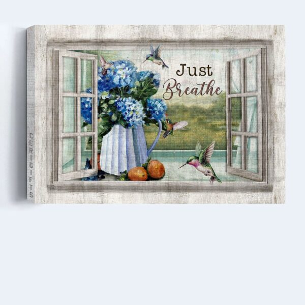 Christian Home Decor Gift: Jesus Landscape Poster with Blue Hydrangea and Hummingbird – Just Breathe
