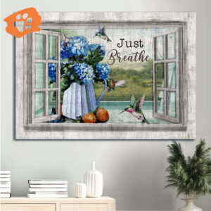 Christian Home Decor Gift: Jesus Landscape Poster with Blue Hydrangea and Hummingbird - Just Breathe