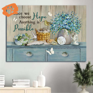Hopeful Jesus Landscape Poster Home Decor Gift - Blue Hydrangea & Christian Inspirational Quote - Anything is Possible Decor
