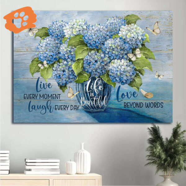 Christian Home Decor Gift: Jesus Landscape Poster with Hydrangeas Crystal Vase and White Butterfly