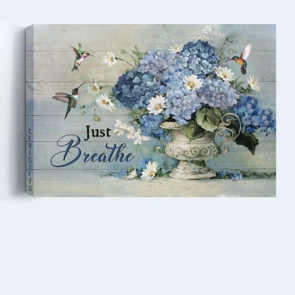 Christian Home Decor Gift: Jesus Landscape Poster with Blue Hydrangea Daisy and Hummingbirds – Just Breathe