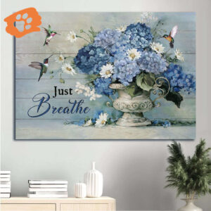 Christian Home Decor Gift: Jesus Landscape Poster with Blue Hydrangea Daisy and Hummingbirds - Just Breathe