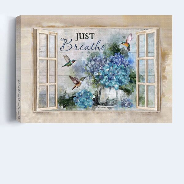 Christian Home Decor Gift: Jesus Landscape Poster with Blue Hydrangea and Green Hummingbird