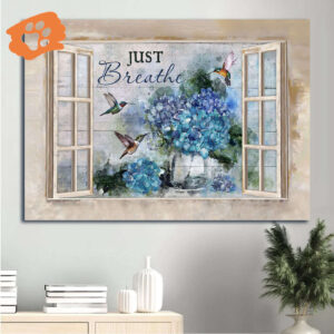 Christian Home Decor Gift: Jesus Landscape Poster with Blue Hydrangea and Green Hummingbird