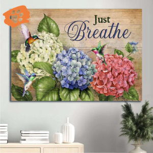 Christian Home Decor Gift: Jesus Landscape Poster with Hydrangeas and Hummingbirds - Just Breathe