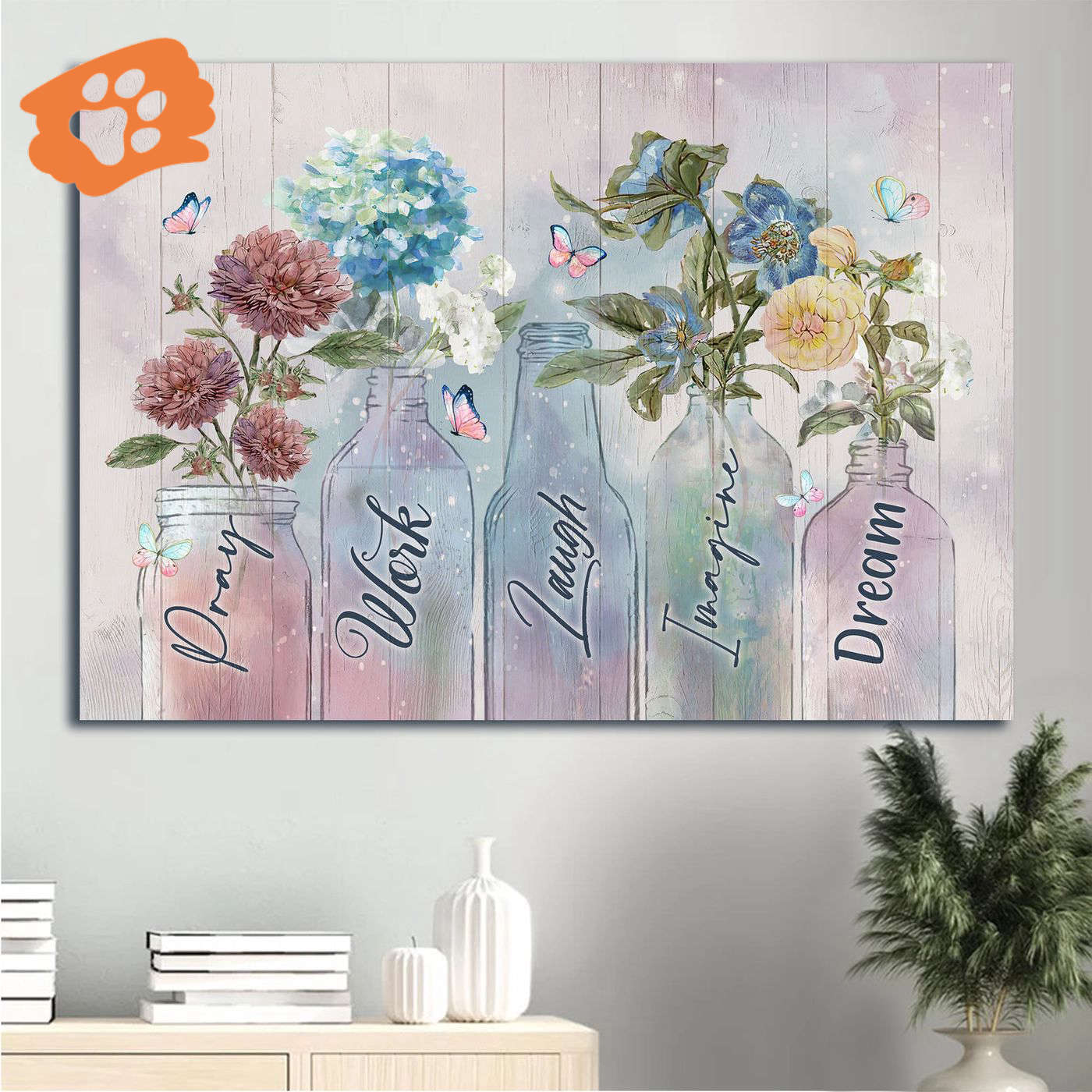 Christian Landscape Poster – Blue Hydrangea Red Chrysanthemum Home Decor Gift