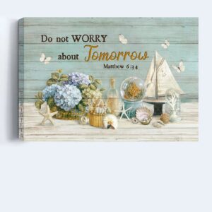 Christian Home Decor Gift: Jesus Landscape Poster with Blue Hydrangea Seashells and Coral - Do Not Worry About Tomorrow 3