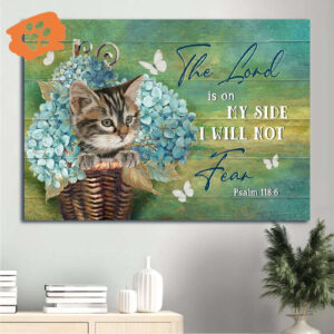 Christian Home Decor Gift: Jesus Landscape Poster with Blue Hydrangea Vase Cat and White Butterfly