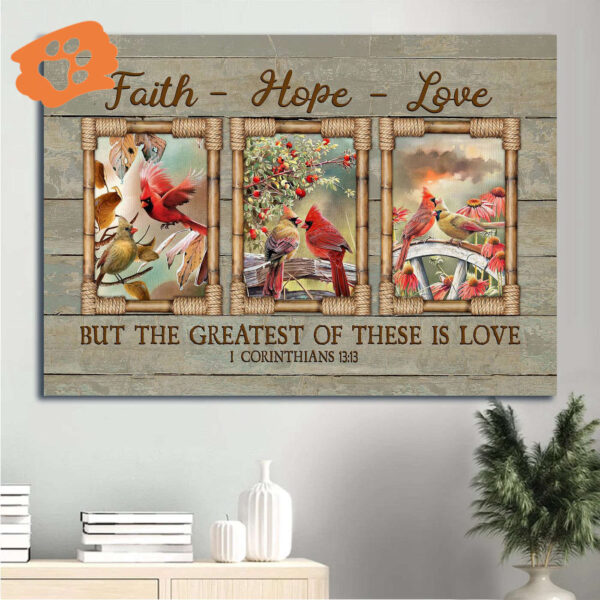 Christian Home Decor Poster – Jesus Landscape with Cardinal Couple Bible Verse Flower Garden – Faith Hope Love Gift