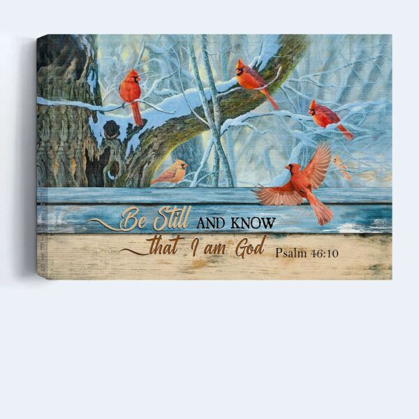 Christian Winter Landscape Poster Home Decor – Be Still And Know That I Am God – Cardinal Drawing – Blue Light Gift