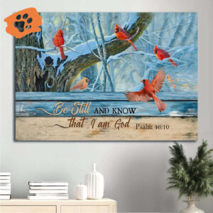Christian Winter Landscape Poster Home Decor - Be Still And Know That I Am God - Cardinal Drawing - Blue Light Gift