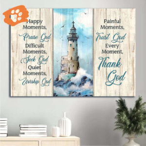 Jesus Landscape Poster Home Decor Gift - Christ Lighthouse Beach Painting - Gift For Christian - Thank God Landscape Poster