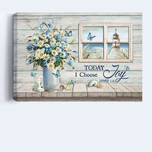 Church By The Sea & Rustic Window Jesus Landscape Poster – Christian Home Decor Gift with Blue Butterfly & Daisy Flower – Choose Joy