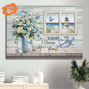 Church By The Sea & Rustic Window Jesus Landscape Poster - Christian Home Decor Gift with Blue Butterfly & Daisy Flower - Choose Joy