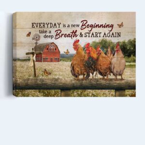 Christian Home Decor Gift: Jesus Landscape Poster with Cute Rooster Happy Farm Red House and Orange Butterfly Poster Home Decor Gift - Everyday is a New Beginning 1