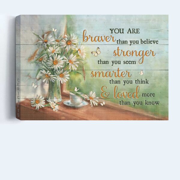 Christian Home Decor Gift: Jesus Landscape Poster with Daisy Drawing and Tea Cup – Braver than You Believe