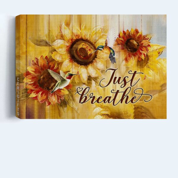 Christian Landscape Poster Home Decor – Green Hummingbirds & Sunflower Painting Just Breathe  Poster Home Decor Gift – Gift for Christian Wall Art